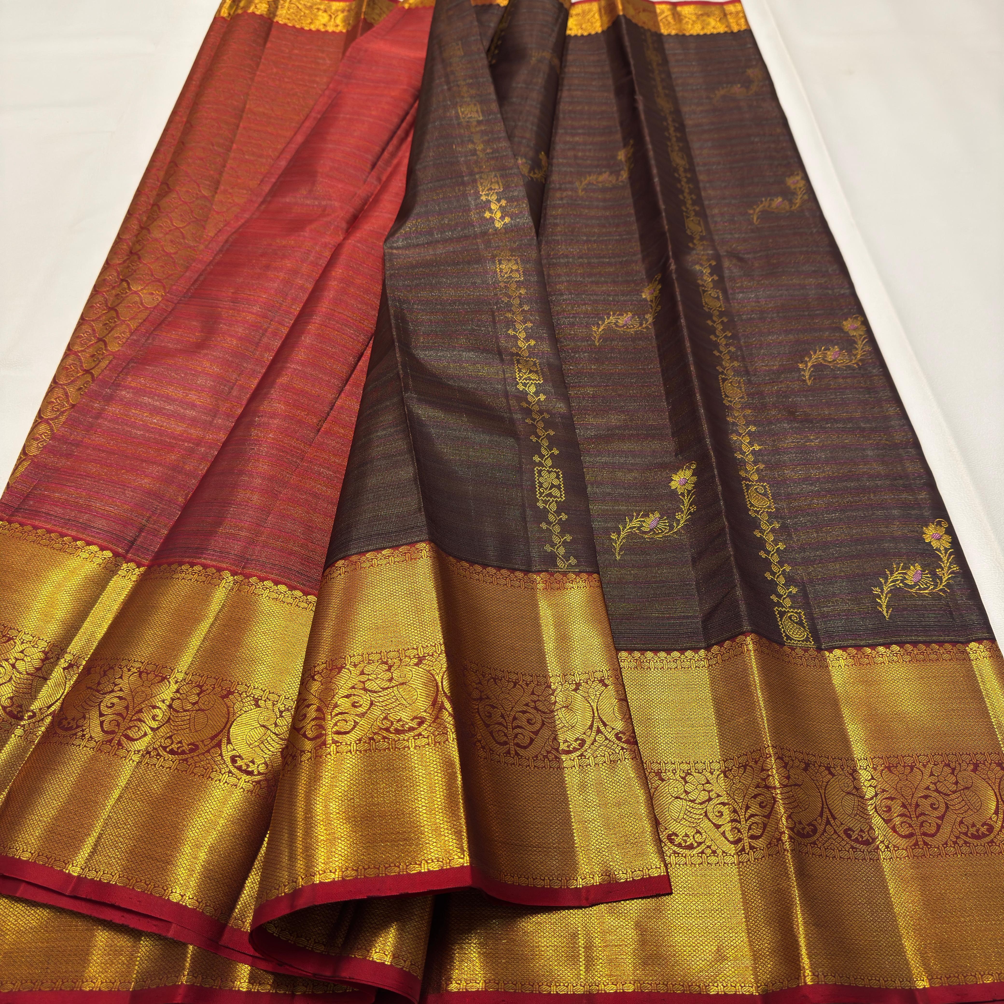 Brown and Magenta Kanchipuram Silk Saree